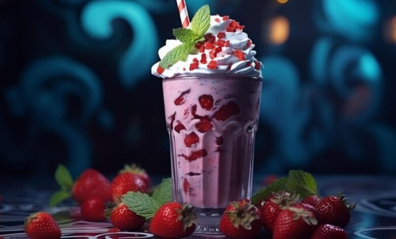 A strawberry milkshake along with strawberries